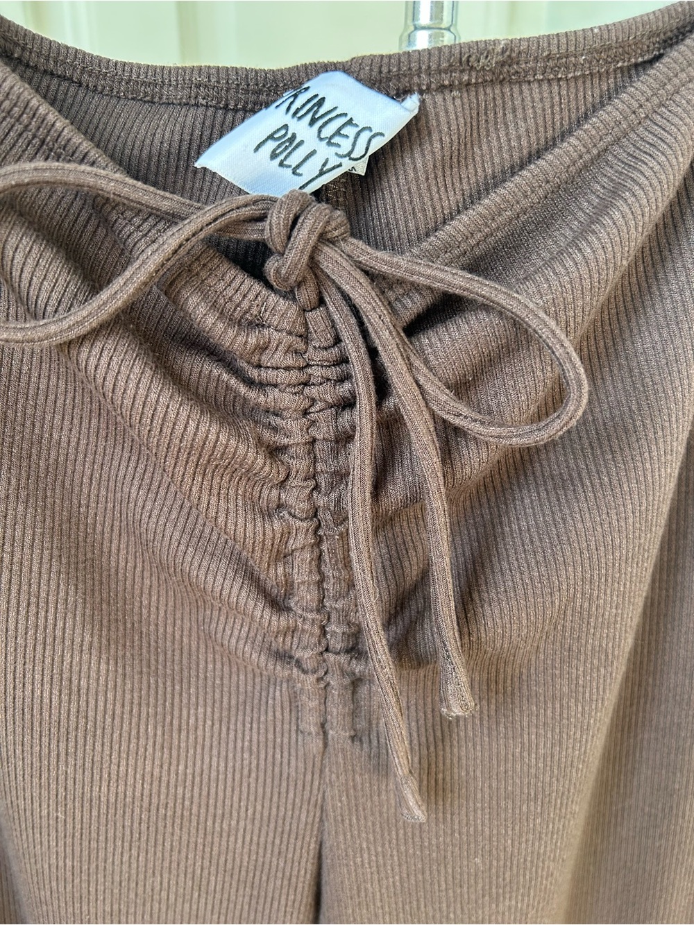 Princess Polly Brown Ribbed Ruched Tie Front Flare Pants Size 2 - Picture 3 of 4